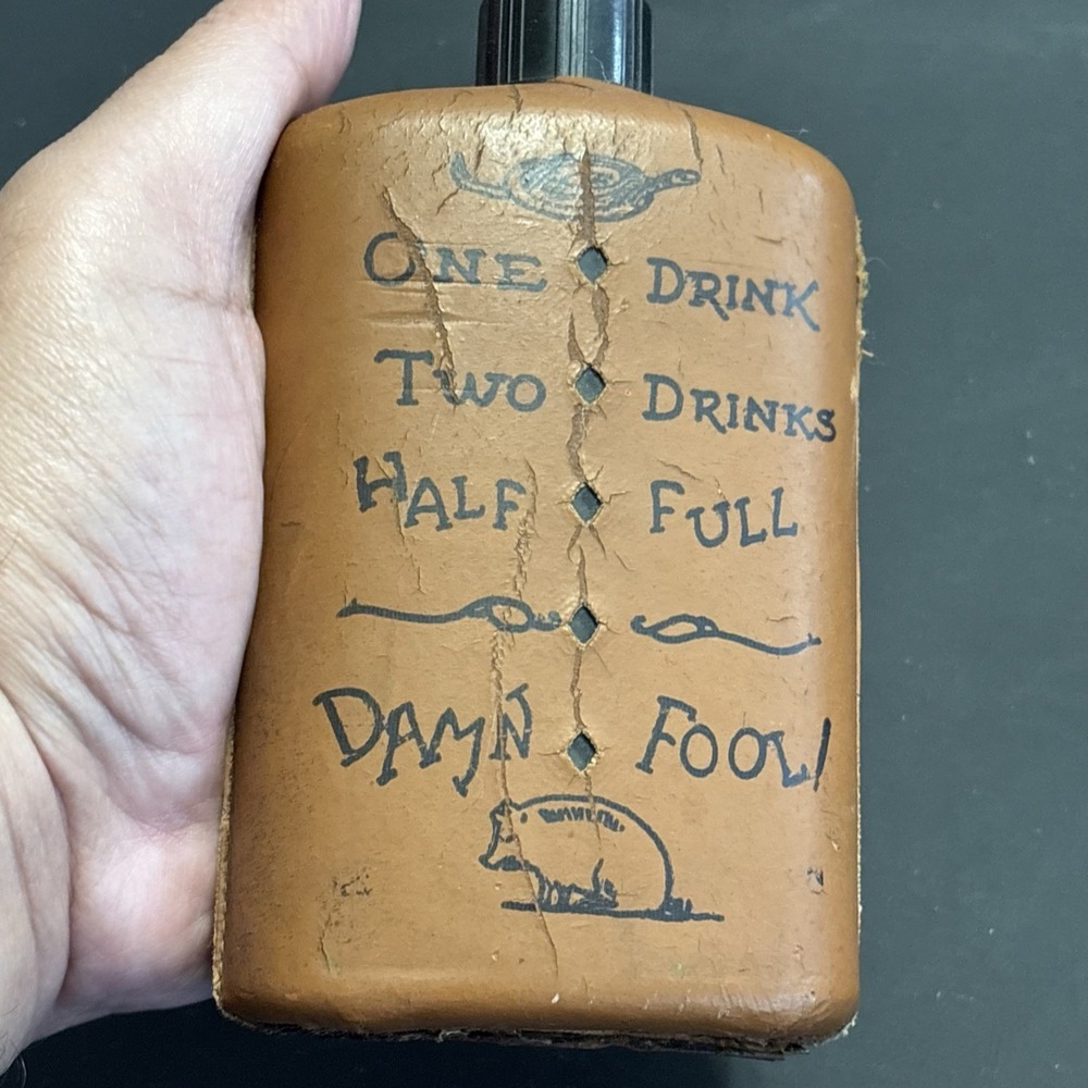 Vintage 1940s Leather Covered Glass Flask Humorous Drunk Poem Barometer Souvenir